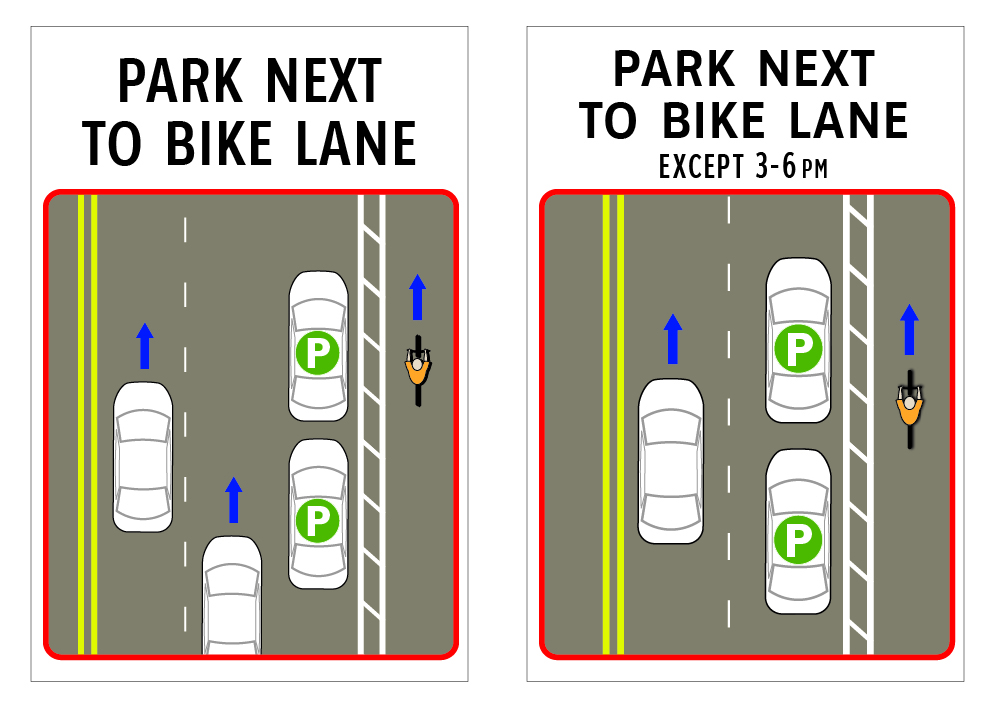 Educational signs direct motorists where to park